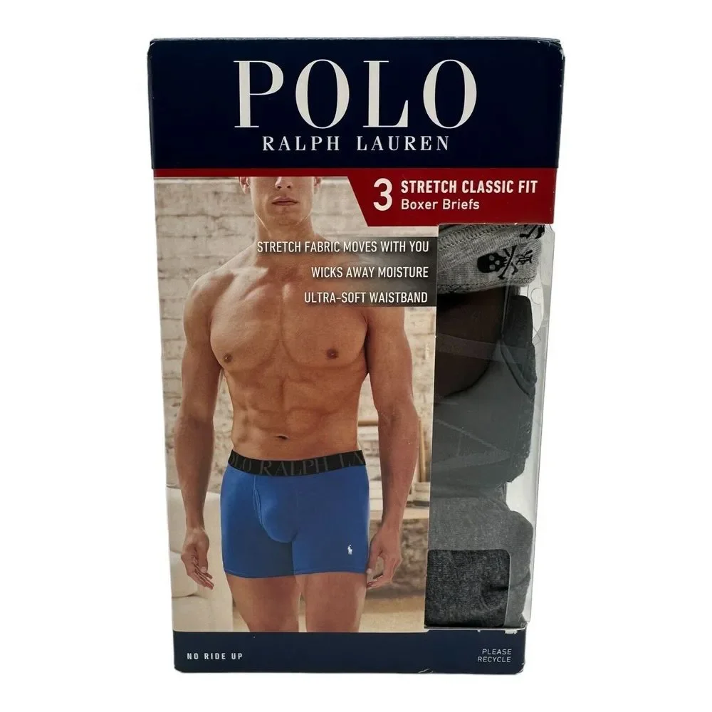 POLO Ralph Lauren Stretch Classic‎ Fit Boxer Briefs 3 Pack Black Gray Men's Sz S